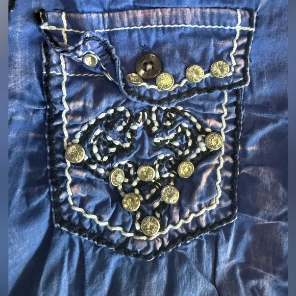 391 Roar Western Cowboy Top Blue Purple Embroidered Gem Shirt Large - Picture 4 of 9